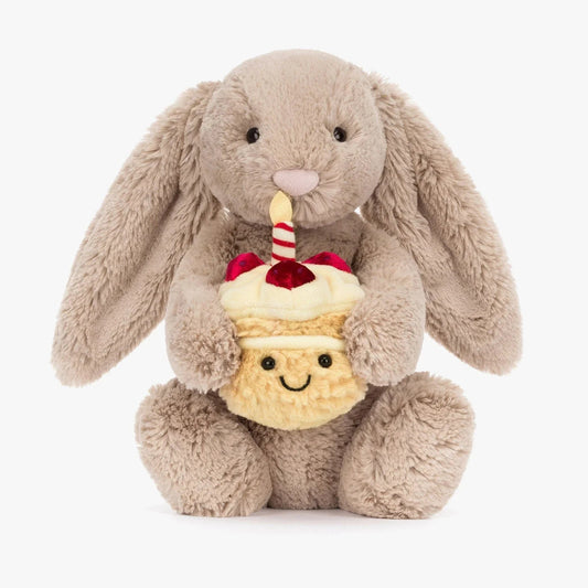 Cute Beige Bunny Plush Toy with Birthday Cake – Soft Teddy Gift