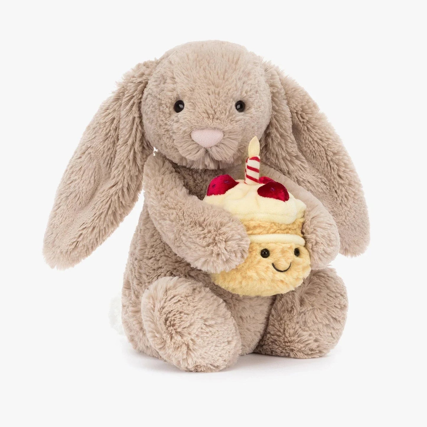 Cute Beige Bunny Plush Toy with Birthday Cake – Soft Teddy Gift